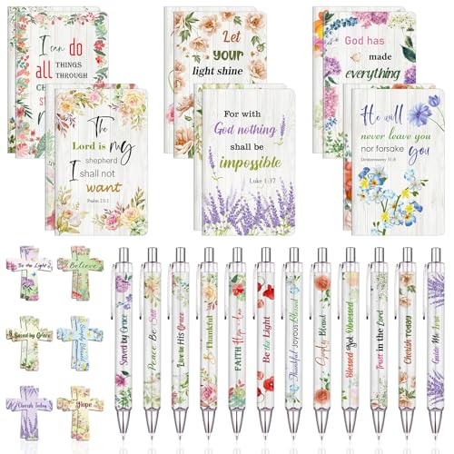 36 Pcs Christian Bulk Gifts for Women Include 12 Mini Bible Verse Notepads, 12 Scripture Ballpoint Pens & 12 Magnetic Cross Bookmarks, Cute Religious Notebooks Gifts Prizes Party Favors, 3.5