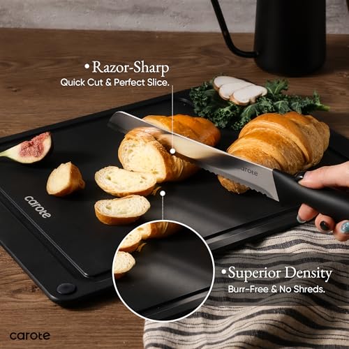 Image of CAROTE Knife Set, 11 Pcs Kitchen Knives with 5 Blade Guards & Non-Slip Cutting Board, Rustproof Stainless Steel 5 Kitchen Knife Set, Plain Black