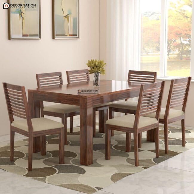Image of DecorNation Blankenberge Solid Wooden 6 Seater Dining Table Set with Chairs | Cushioned Seating with Jute Fabric | Modern Dining Table Furniture for Home & Dining Room