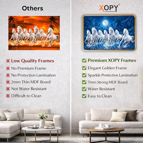 Image of XOPY Seven Running Horses with Golden Frame | Vastu 7 horses Raw Pyrite Painting for Home, Office & Living Room Wall Decore | 12X18 Inch Sparkle Laminated Frame | Best For Gifting (53323, 12X18)