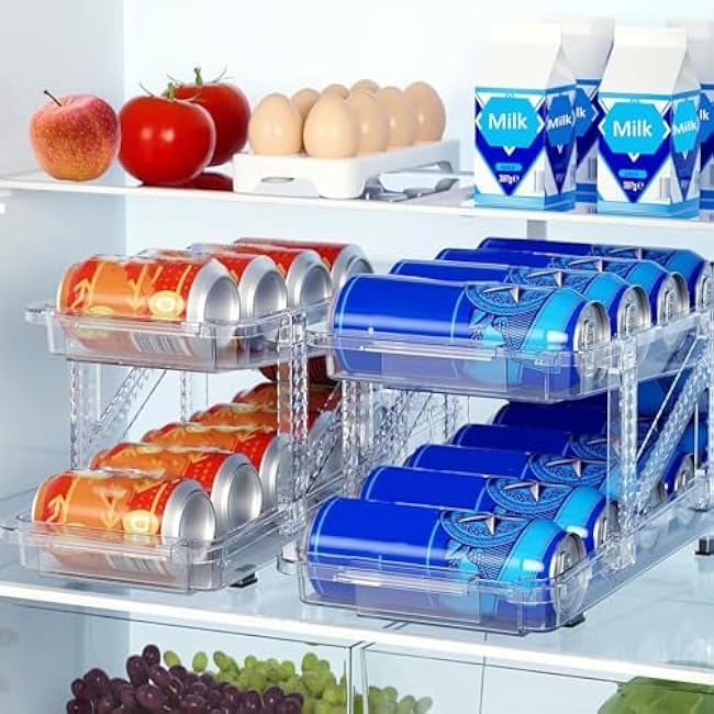 Refrigerator Storage Containers, Adjustable Width Rolling Soda Dispenser & Storage Rack - Beverage & Pop Can Holder Drink Organizer for Fridge, Pantry, Cabinet & Countertop (2 Pack, Clear)