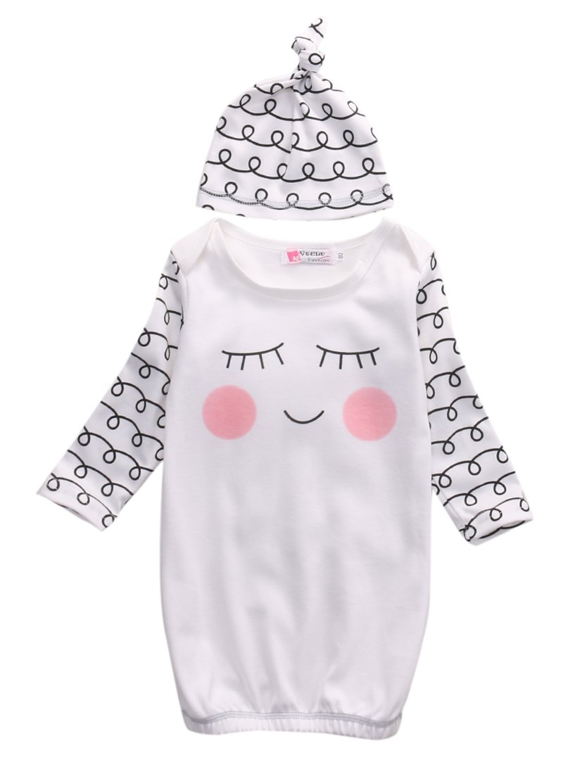 Seyurigaoka Cute Newborn Baby Romper Sleepy Eyes+Rosy Cheeks Baby Gown Hat Infant Coming Home Sleepwear Striped Sleeping Bags