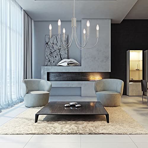 Modern Chandeliers For Dining Room, 6-Lights Vintage Farmhouse Chandeliers, Large Brushed Nickel Hanging Light Fixture For Dining Room Kitchen Island Living Room, 23.6" Diameter, Adjustable Height #TOP3