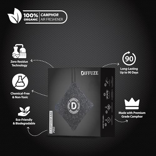 Image of DIFFUZE Camphor Bag Pro | 4-in-1 Luxury Car perfume for Car & Home | Camphor infused with Herbs, Lavender, Sandalwood + Activated Charcoal | Organic & Toxin Free | Long Lasting Air Freshener (Grey)