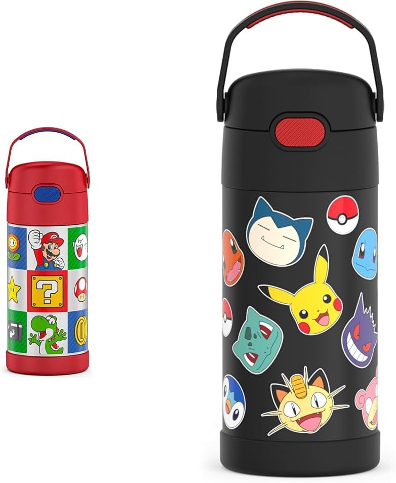 THERMOS FUNTAINER 12 Ounce Super Mario Brothers and Pokémon Kids Stainless Steel Vacuum Insulated Water Bottles with Straw and Lid, Set of 2
