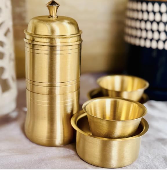 Image of Brass Coffee Filter and Dabara Set - Traditional South Indian Style | Handcrafted with Copper Finish | Authentic Filter Kaapi Experience (Gift Box)