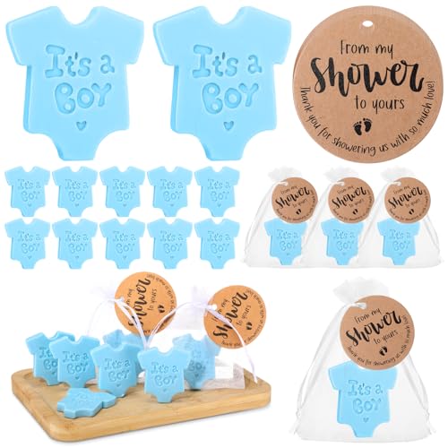 25 Sets Bodysuit Themed Baby Shower Soap Favors for Guests Boy Girl Shirt Shape Mini Handmade Soaps with Thank You Tags Organza Bag for Gender Reveal Party Favor(Blue, Babyshit, It's A Boy )