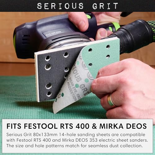 Image of Serious Grit - 3 inch x 5 inch (80x133mm) 14-Hole P600 Grit Sandpaper - 50 Pack Box | Fits Festool RTS 400 & Mirka DEOS 353 - Heavy-Duty Hook & Loop Wet /Dry Film Sanding Sheets for Doors, Cabinetry, Paint, etc