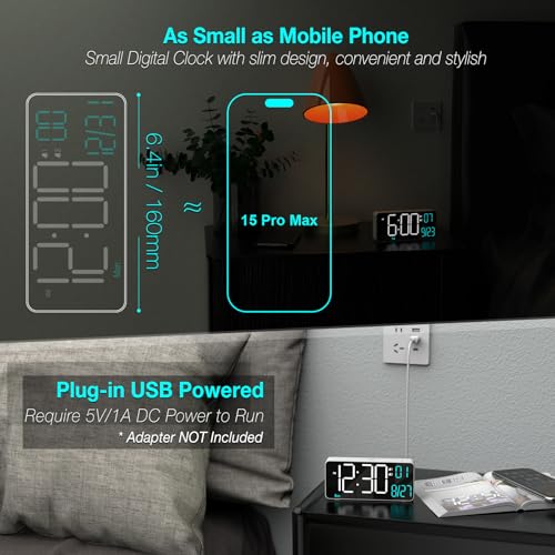 Image of KOSUMOSU Digital Alarm Clock for Bedroom,6.7in Small Digital Clock,Auto Dimming,Date,Day of Week,Seconds or Indoor Temp,LED Alarm Clocks for Living Room,White Desk Clocks for Bedrooms