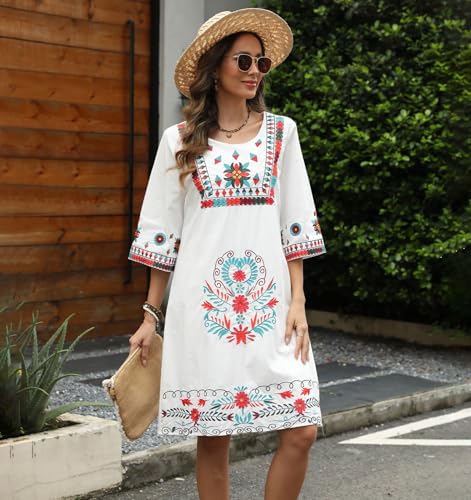 Image of Higustar Mexican Embroidered Dress Summer Cotton Bohemian Flower Peasant Traditional Mexico Fiesta Boho Dresses for Women