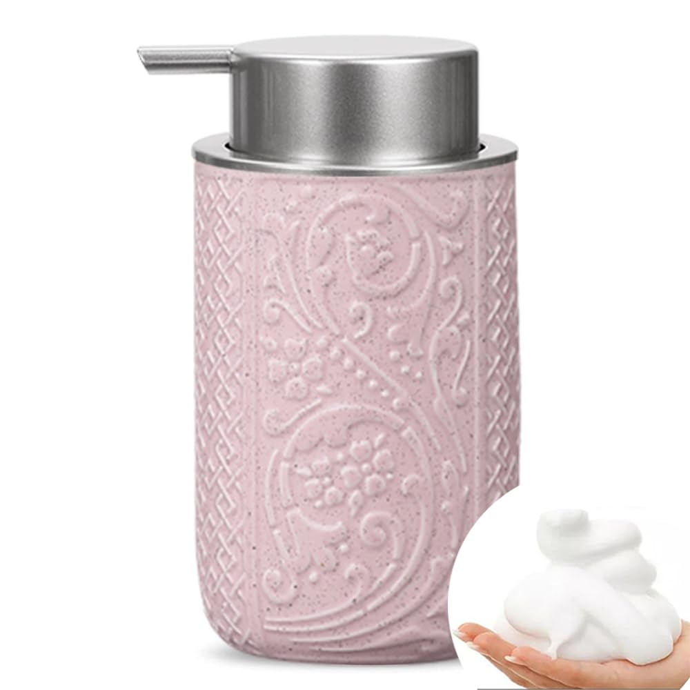 Foaming Hand Soap Dispenser, 12 Oz Ceramic Bathroom Pump With Silver, Refillable Lotion and Dish for Kitchen (Black)