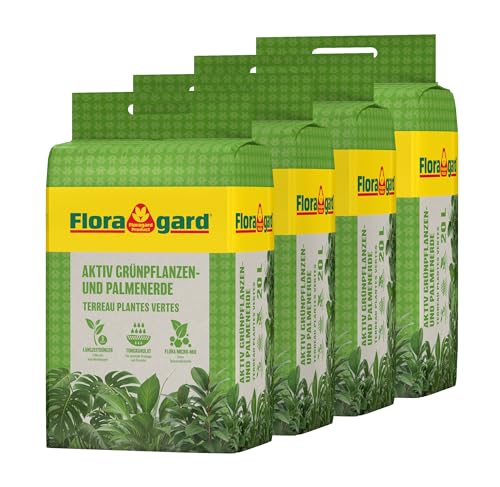Floragard Aktiv-Grünpflanzen- und Palmenerde 4x20 L • Spezialerde für Palmen, Farne, Ficus, andere Grün- und Zimmerpflanzen • mit 3-Monate-Langzeitdünger • zum Topfen und Umtopfen • 80 L