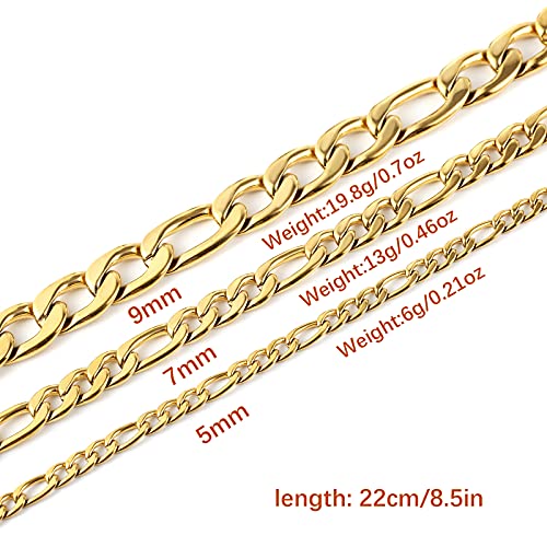 Hzman Men Women 18K Gold Plated 9Mm Stainless Steel Figaro Chain Link Bracelet Jewelry Gifts (8.5Inches/9Mm) #TOP1