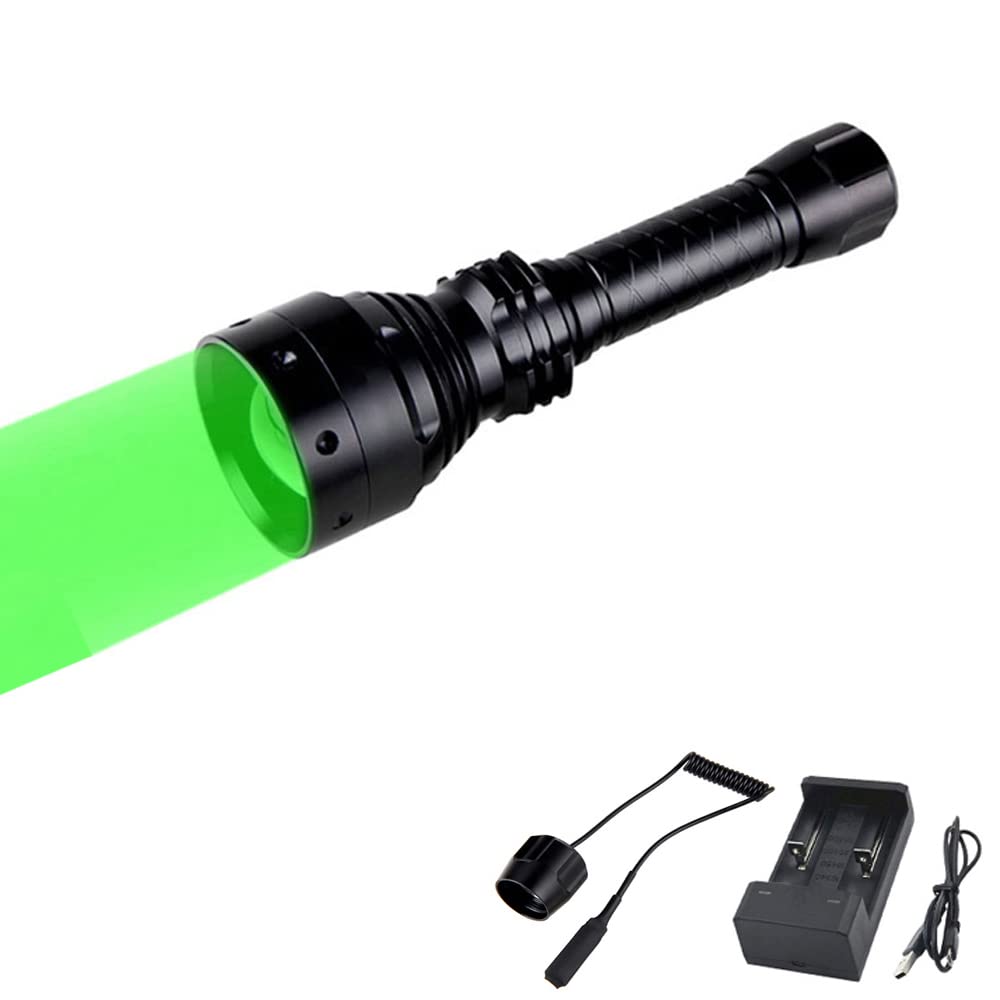 Lampe de Chasse Verte LED 350 Yards - Lampe de Poche Zoomable avec Interrupteur Poussoir et Batterie