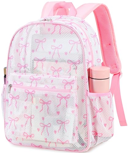 LEDAOU Mesh Backpack for Kids Girls Semi-Transparent Mesh School Backpack Bookbag Lightweight Casual Daypacks (Bow Pink)
