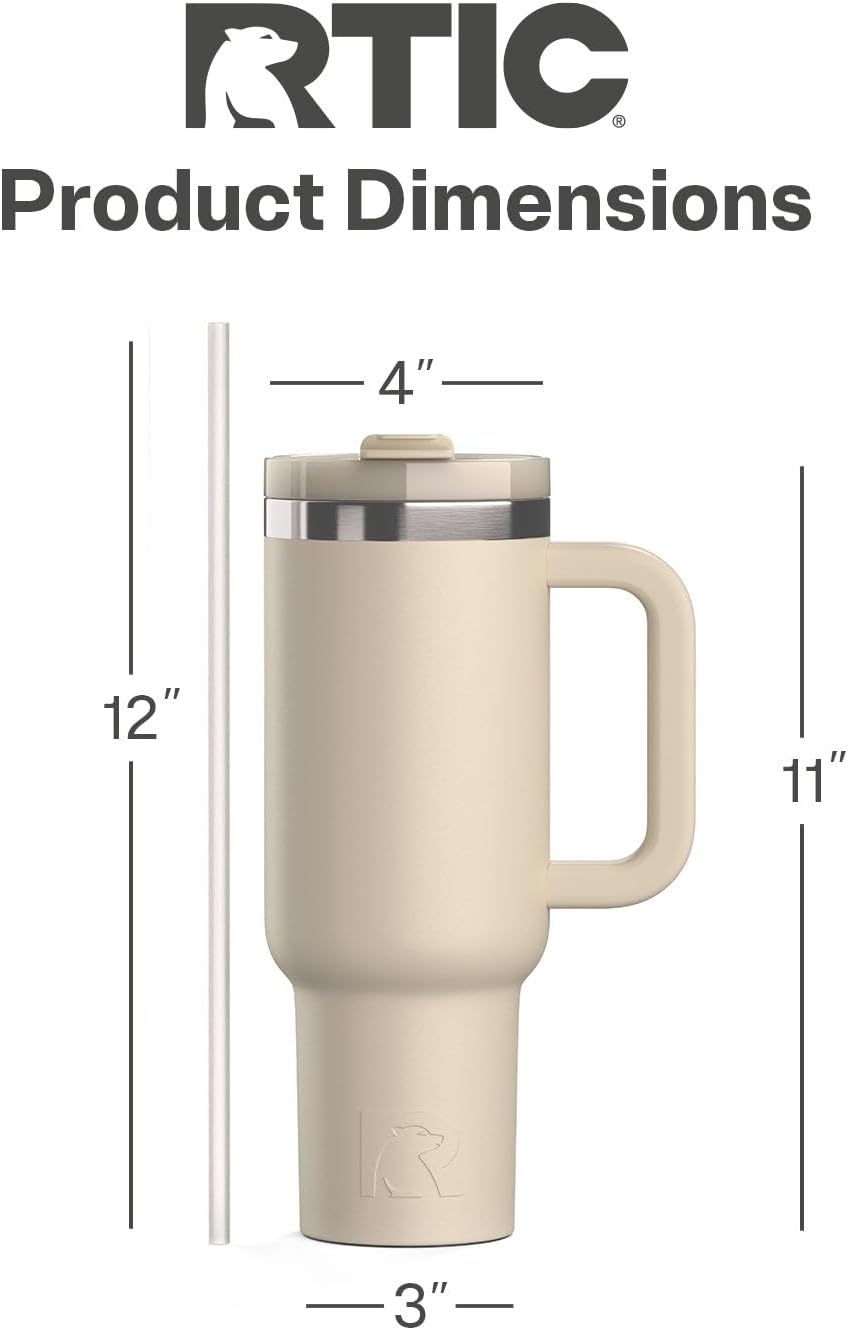 RTIC 40 oz Road Trip Tumbler Double-Walled Cermaic Lined Insulated Stainless Steel Portable Travel Coffee Mug Cup with Lid, Handle and Straw, Beach