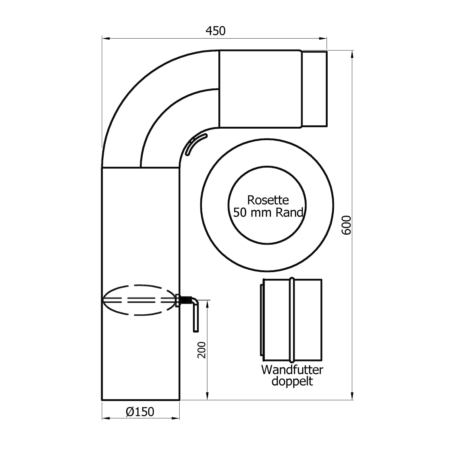 raik Rauchrohr Ofenrohr Set 150 mm einteilig schwarz 90 Grad Bogen gezogen 2 mm Stahl Senotherm Lackierung bis 600 Grad inklusive Wandrosette und Doppelwandfutter