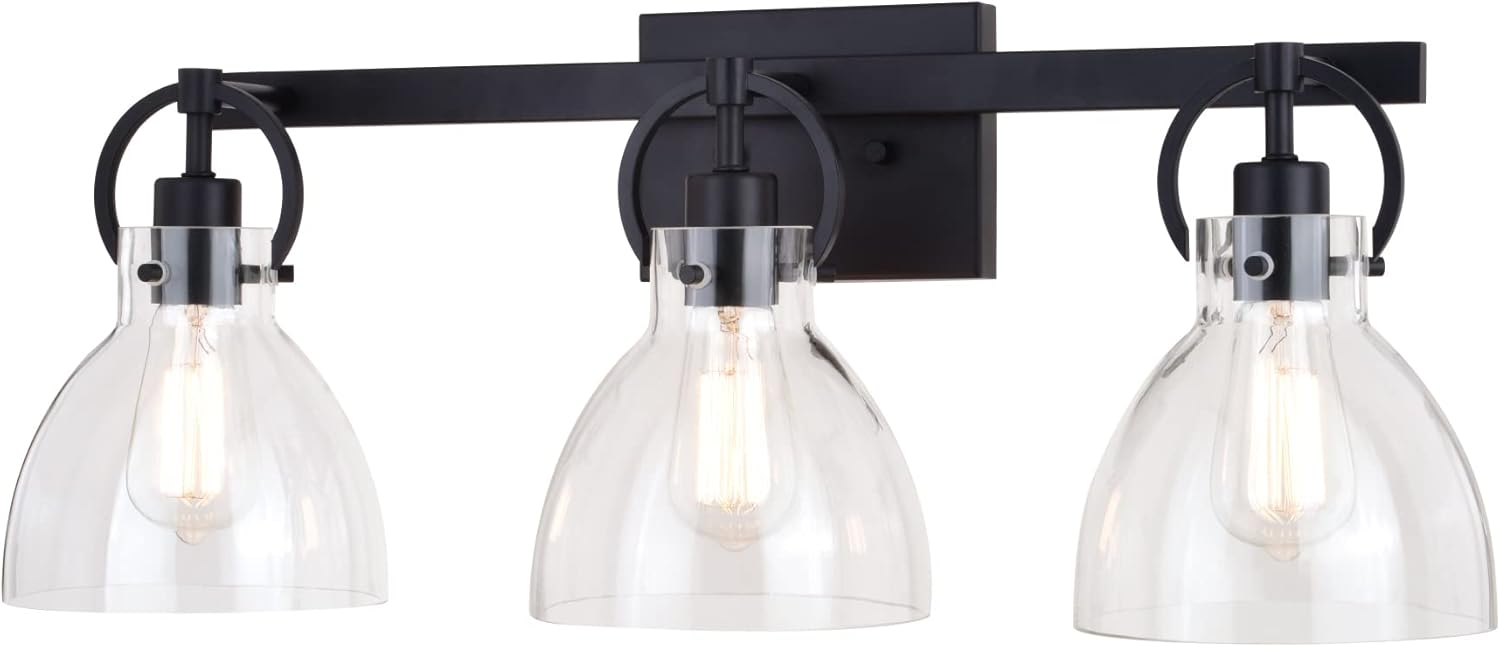 VAXCEL Ogden 3-Light 25.5 inch Wide Matte Black Contemporary Bathroom Vanity Lighting Fixture, Clear Glass Shade, Dimmable, LED Compatible, Over The Mirror Mounted Steel Wall Sconce