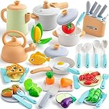 Kids Play Kitchen Accessories, 42Pcs Toddlers Pretend Toy Kitchen Playset Cooking Sets with Pressure Pots and Pans, Cookware, Utensils, Cutting Play Food Preschool Education Toys Gift for Girls Boys
