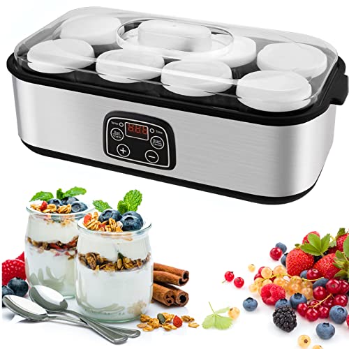 Yaourtière Électrique, Machine à Yaourt avec 8 Pots, Automatique Yaourtière avec Écran Numérique, Thermostat Réglable et Minuterie, Écran LCD, 8-48H, 20 ℃ à 55 ℃