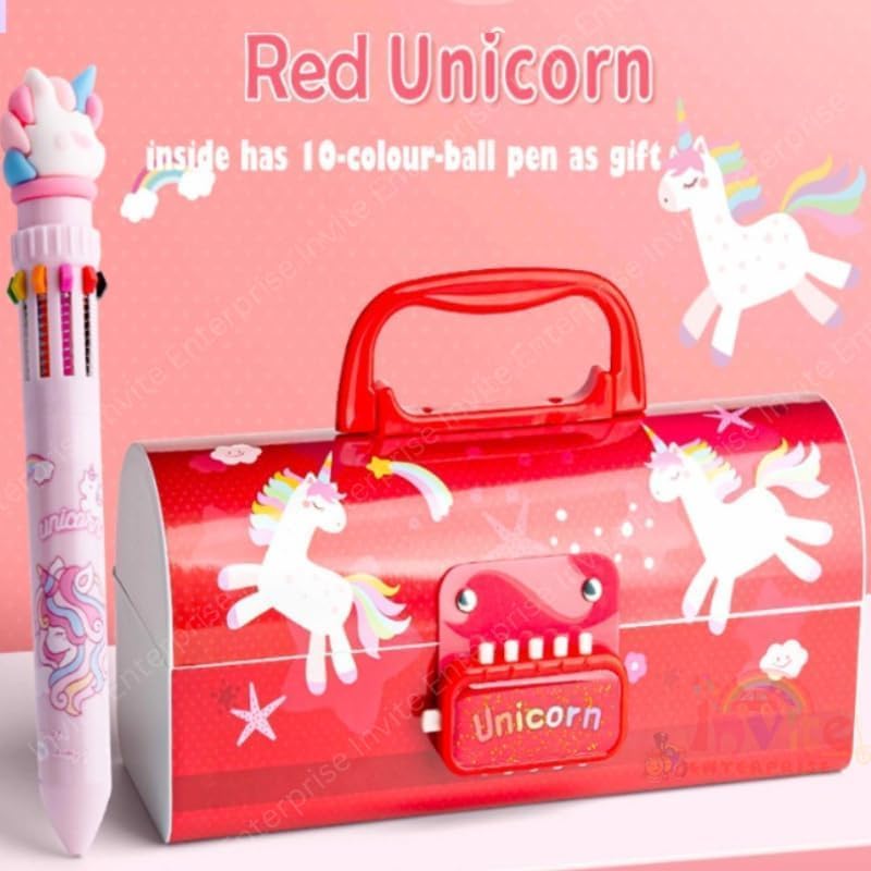 Image of WORSHIPER New Cartoon Theme Pencil Box with Push Pull Eraser Set for Kids | Suitcase Style Password Lock Stationery Organizer | School Supplies Gift Combo for Boys & Girls (Red Unicorn + Eraser)