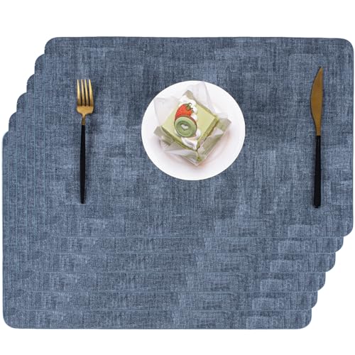 Xmkuwa Faux Leather Place Mats for Dining Tables, Heat Resistant Placemats Set of 6 Washable Wipeable, Waterproof, Stain Resistant, Table Mats for Kitchen and Decor (Dark Blue Rectangle B, 6pcs)