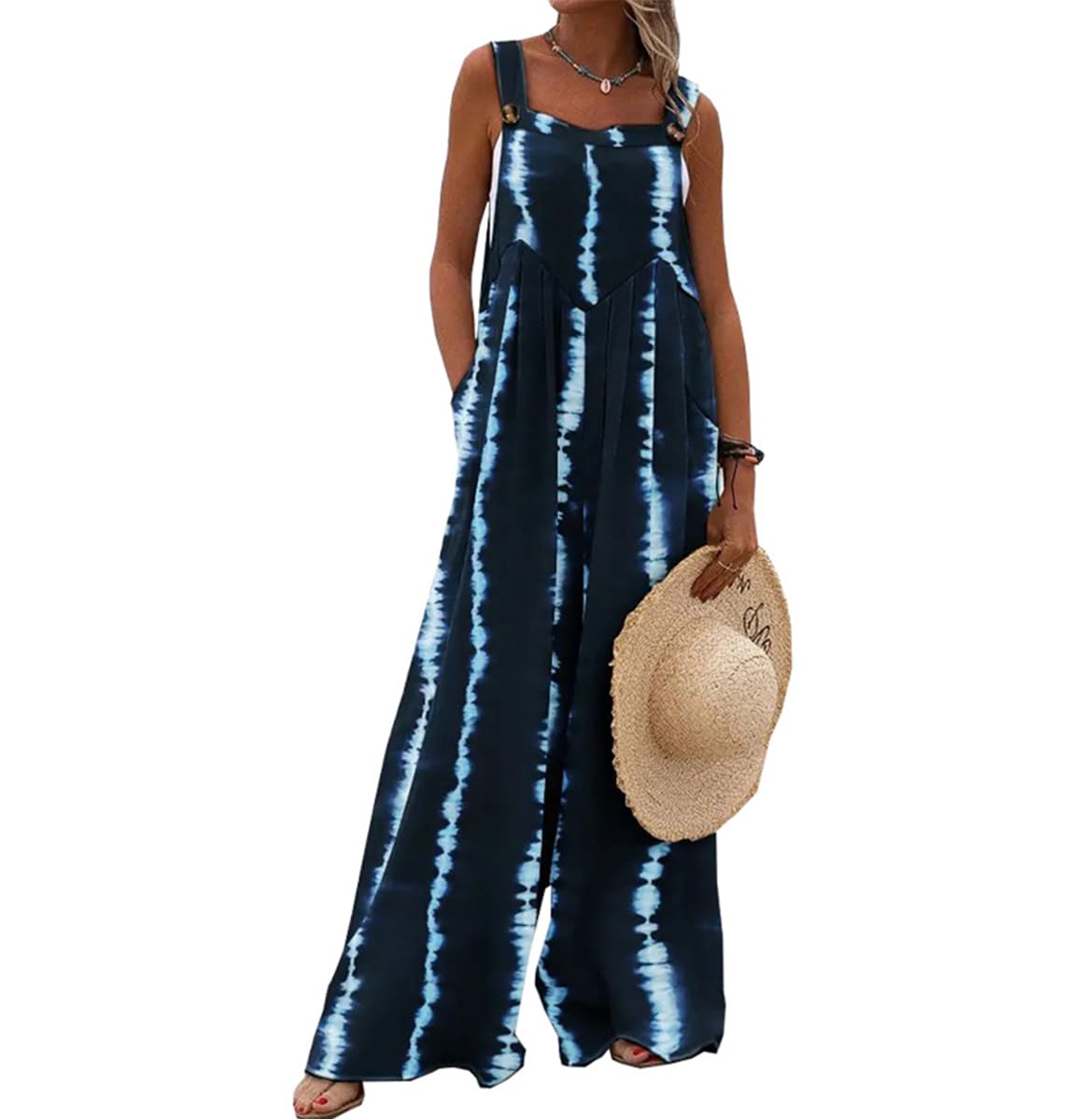 QUNERY Peto Mujer Verano Sin Mangas Mono Informal Estampado Floral Mono Oversize Suelto con Bolsillos