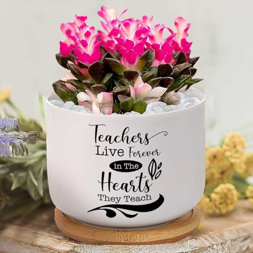 Yelolyio Macetas de cerámica personalizadas para profesores viven para siempre en los corazones que enseñan, maceta pequeña de cerámica, cita motivacional, macetas suculentas para plantas de interior