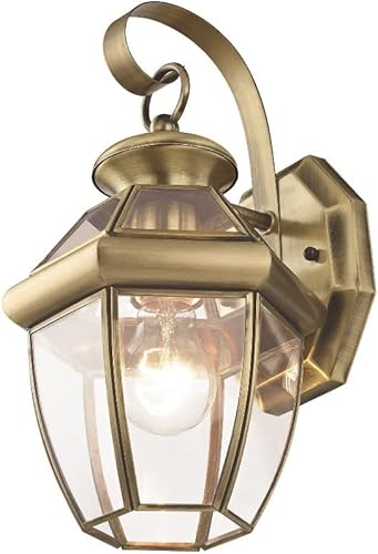 Miniatura 7 de Livex Lighting 2051-01 Monterey 1 Lámpara de pared exterior con acabado de latón antiguo, acabado en latón macizo con vidrio biselado transparente