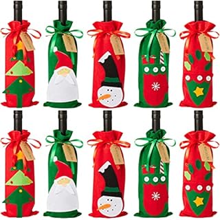 The Twiddlers - 10 Christmas Wine Bottle Gift Bag Covers - 5 Different Designs, Reusable Drawstring Xmas Bags for Party & Decorations