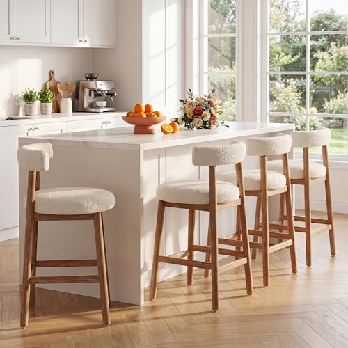Juego de 4 butacos altos para barra Christopher Knight Home Anny, asiento redondo tapizado en tela bouclé, estructura de madera de caucho, con reposapiés, color natural + beige miniatura 1