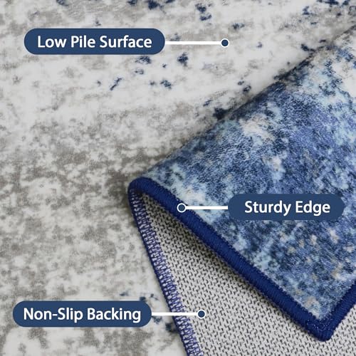 Area Rugs 3x5 for Living Room Bedroom, Indoor Modern Abstract Machine Washable Rug, Small Soft Low Pile Floor Carpet with Non Slip Backing for Entryway, Navy Blue Gray
