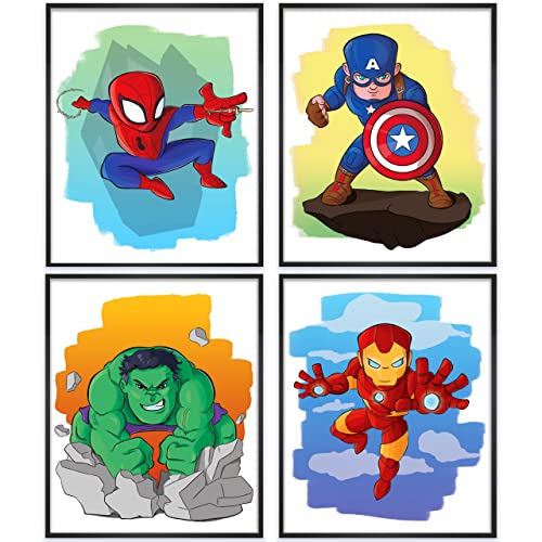 Superhero Avengers Marvel Posters for Boys Room Decor - 8x10 Inches UNFRAMED Set of 4 Wall Art - Watercolor Prints Pictures Decor Decorations Gifts Merch Comics Characters for Man Cave Boys Room Nursery Kids Rooms Bedrooms Toddlers Teens Bathrooms Gi