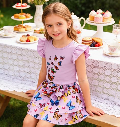 Image of Girls Skirt Set 2 Piece Outfit Toddler Summer Clothes Ruffle Sleeve T-Shirt Bow Knot Tutu Skirt Outfit Set