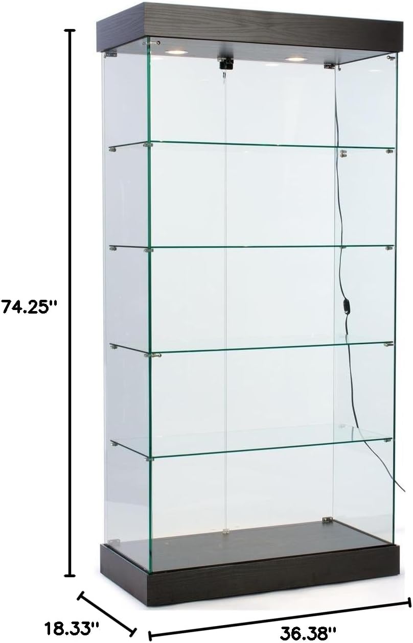 Tempered Glass Display Cabinet and Black MDF Base, with Halogen Lights and Locking Hinged Doors