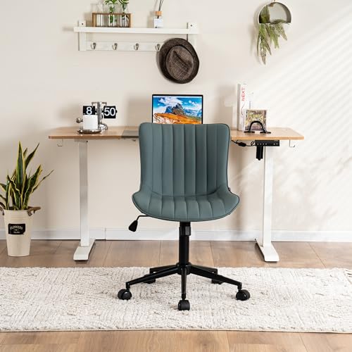 Image of YOUNIKE Office Desk Chair with Wheels Armless Vanity Chair Greyish Green | Faux Leather Upholstered with Rocking Back, Swivel Height Adjustable Small Cute Computer Rolling Task Chair Ergonomic 300lb