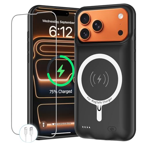 Battery Case for iPhone 17 Pro Max 12000mAh Protective Charging Case with Wireless Charging Compatible with iPhone 17 Pro Max (6.9 inch) Rechargeable Battery Pack Charger Cover with Carplay (Black)