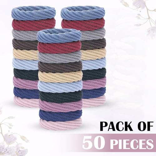 Image of GLUN Braided Multicolor Ponytail Holders Hair Ties Pack of 50, Soft Cotton Elastic Scrunchie Bands for Women, Girls & Teens, Strong Stretchable Non-Slip Rubber Bands for Thick Hair & Daily Styling