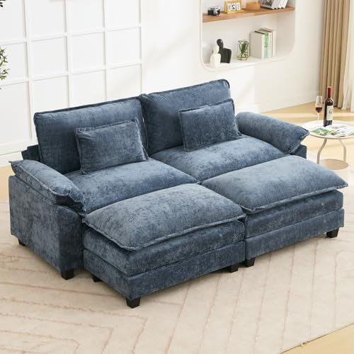 Image of Oprisen 86 inch Modular Sectional Sofa, Comfy Cloud Couch Sectional Sofa with Ottoman, Chenille Sofa Sleeper Deep Seat Sofa with Throw Pillows for Living Room (Blue)