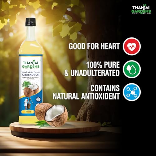 Image of THANJAI GARDENS Wooden Cold Pressed COCONUT OIL 100% Pure & Natural Pack of