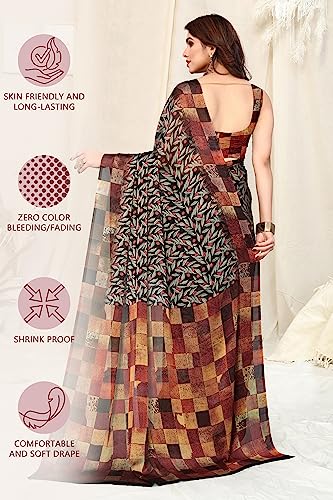 Image of MIRCHI FASHION Women Saree | Chiffon Leaf and Checked Print Professional Office Sari with Blouse