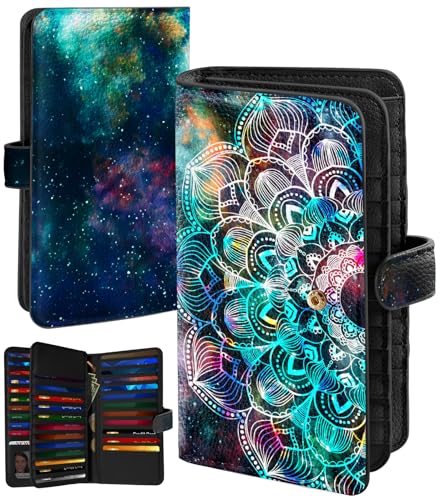 Bistup 【46 Slots Credit Card Holder for Women Ladies Female Teen Girls Rfid Genuine Leather Cardholder Large Capacity Size Big Billfold Wallets Boho Cute Girly Aesthetic Print Unique