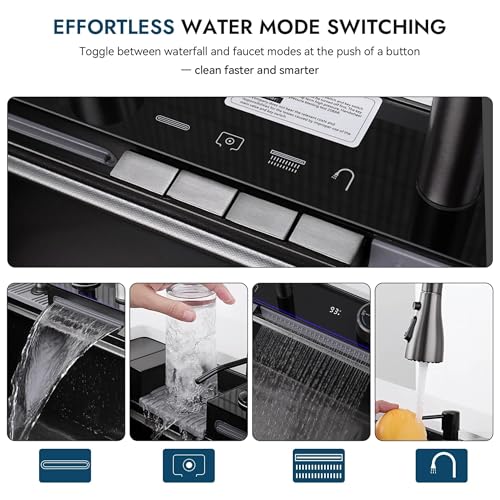 Image of Fossa Smart Piano Waterfall Kitchen Sink 30 inchx18 inchx09 inch 7-Year Warranty 3.5 mm Collar Thick 304 Stainless Steel with Pull-down Faucets with LED Panel and Digital Display - Black Matte Finish (5 Button)