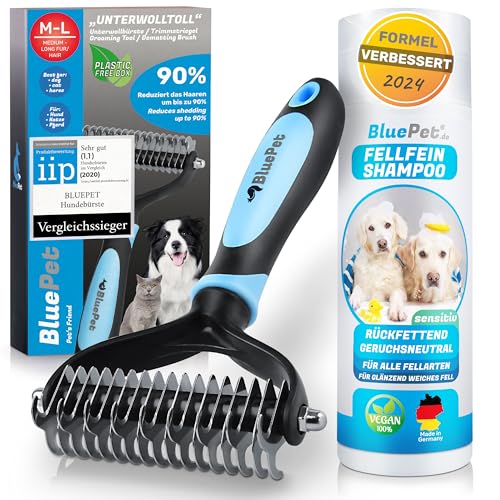 BluePet Spazzola per Cani e Gatto a Pelo Lungo e Medio, Pettine Cane e Gatti, Cardatore Sottopelo, Spazzole Doppia Faccia (M-L Cani Blu + Shampoo)