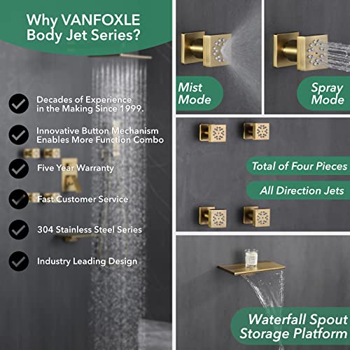 Vanfoxle Shower Faucet Set Brushed Gold Shower System, Four Modes Shower Faucet With 2 In 1 Handheld, 4 Pcs Two Modes Body Jets, Waterfall Spout, Wall Mount 10 Inch Shower Head #TOP1