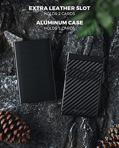 Image of VULKIT Credit Card Holder Minimalist Slim Pop Up Wallet with Leather Slots RFID Blocking for Men and Women Holds 7 Cards and Notes Carbon Fiber