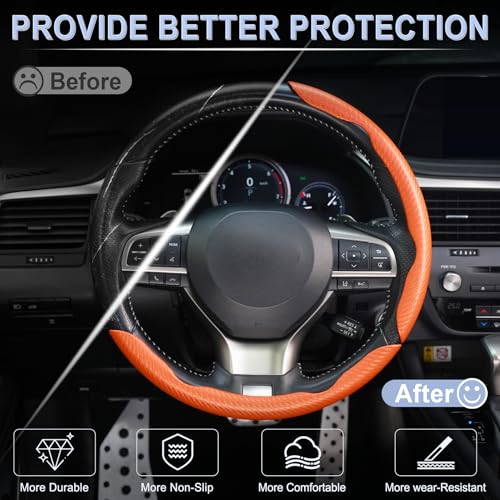 Image of Amiss 3pcs Carbon Fiber Anti-Skid Steering Wheel Cover, Waterproof & Segmented Butterfly Design, Universal 99% Vehicle Wheel Cover Protector, Car Interior Accessories (Orange-3pcs)