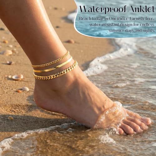 Image of DEARMAY Gold Anklets for Women Waterproof, Non Tarnish14K Gold Plated Ankle Bracelets Set Stack, Summer Beach Jewelry Gifts for Vacation, Bikini Outfits for Women Mom Her