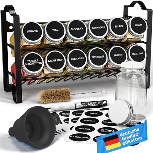 Deco haus Gewürzregal Stehend & Wand [MIT GEWÜRZDOSEN & ETIKETTEN] - Spices Gewürz Organizer - Spice Rack Gewürzständer Gewürzregalsystem Hängend Gewürzaufbewahrung Gewürzgläser mit Regal