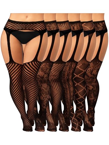 Image of Jadive 6 Pairs Women Plus Size Suspender Tights Fishnet Thigh High Stockings Garter Belt Lingerie Pantyhose